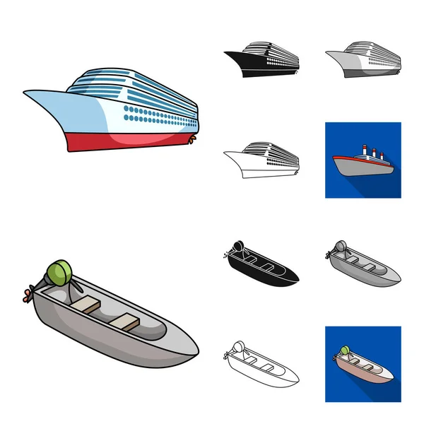 Wody i morskiego transportu kreskówka, czarne, płaskie, monochromatyczne, zarys ikony w kolekcja zestaw do projektowania. Wiele łodzi i statków ilustracji wektorowych symboli zasobów sieci web. — Wektor stockowy