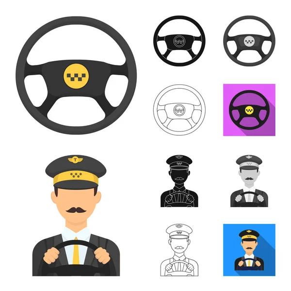 Taxi servicio de dibujos animados, negro, plano, monocromo, contorno de iconos en la colección de conjuntos para el diseño. Taxi conductor y vector de transporte símbolo stock web ilustración . — Vector de stock