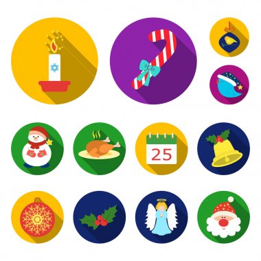 Noel öznitelikleri ve aksesuarları düz simgeler set koleksiyonu tasarım için. Neşeli Noel vektör simge stok web çizim.
