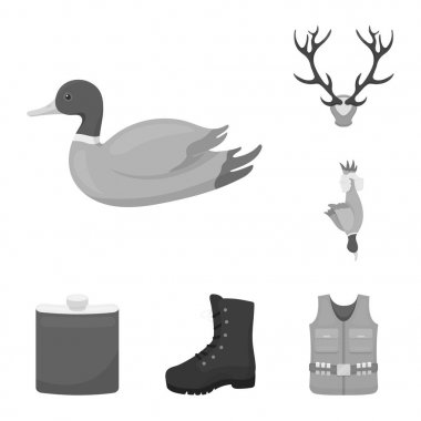 Avcılık ve kupa tek renkli simgeler set koleksiyonu tasarım için. Avcılık ve ekipman sembol stok web illüstrasyon vektör.