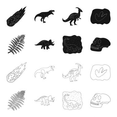 Deniz dinozor, triceratops, tarih öncesi bitki, insan kafatası. Dinozor ve tarih öncesi dönemi simgeler siyah, anahat stili vektör simge stok çizim web ayarla.