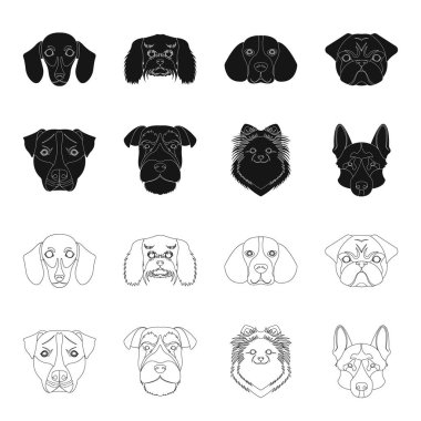 Farklı doğurmak-in köpek ağızlık. Köpek doğurmak Stafford, Spitz, Risenschnauzer, Alman çoban köpeği ayarlamak toplama simgeler siyah, anahat stili vektör simge stok çizim web içinde.
