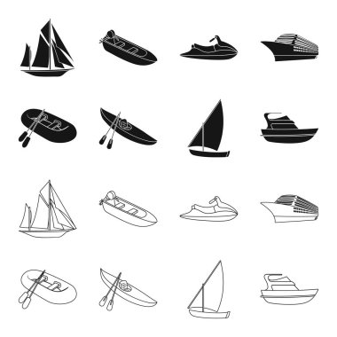 Balıkçılık Tekne, bir kayık kürek ile bir balık tutma schooner, motor yat bir lastik. Gemi ve Su ulaştırma araçları toplama simgeler siyah, anahat stili vektör simge stok çizim web ayarla.