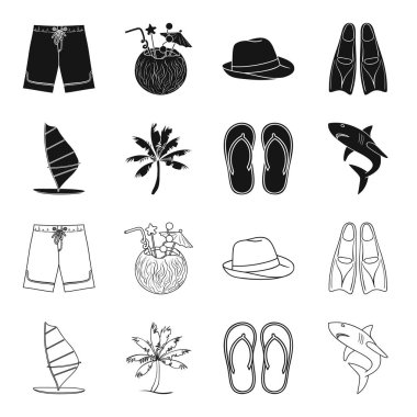 Kurulu bir yelken, sahile, terlik, bir beyaz köpek balığı bir palmiye ağacı ile. Sörf toplama simgeler siyah, anahat stili vektör simge stok çizim web içinde ayarla..