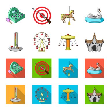 Ölçme gücü, bir dönme dolap, bir atlıkarınca, penceresi olan bir ev için aygıtın bir sopa ile. Eğlence Parkı toplama simgeler çizgi film, düz stil vektör simge stok çizim web ayarla..