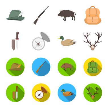 Bıçak bir kapak, bir ördek, bir geyik boynuzu, bir kapak ile bir pusula ile. Avcılık toplama simgeler çizgi film, düz stil vektör simge stok çizim web ayarla..