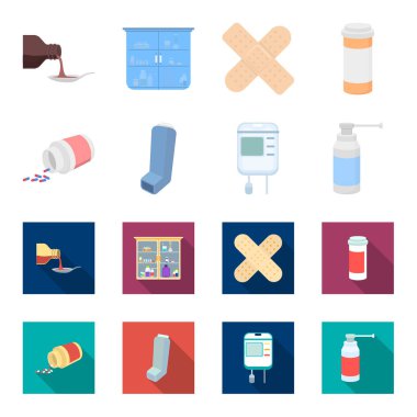 Tablet, ilaç, kan, sprey ile konteyner. İlaç toplama simgeler çizgi film, düz stil vektör simge stok çizim web ayarla..