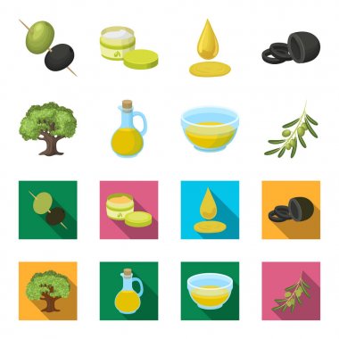 Bir zeytin ağacı, zeytin dalı, bir gemi ve petrol bir sürahi. Zeytin toplama simgeler çizgi film, düz stil vektör simge stok çizim web ayarla..