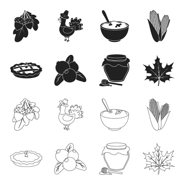 Arándano, pastel de calabaza, olla de miel, hoja de arce. Canada thanksgiving day set collection icons in black, outline style vector symbol stock illustration web . — Vector de stock