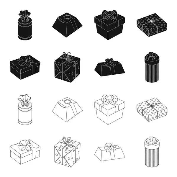 Fiyonklu hediye paketi hediye kutusu. Hediyeler ve sertifikaları toplama simgeler siyah, anahat stili vektör simge stok çizim web ayarla. — Stok Vektör
