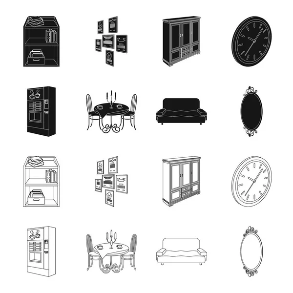 Kaffeemaschine, serviert Tisch im Restaurant und andere Web-Symbol in schwarz, Umriss Stil isometric.soft bequemes Sofa, Wandspiegel Symbole in Set-Sammlung. — Stockvektor