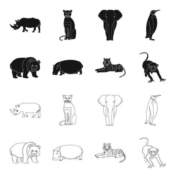 たけくま、カバ、野生動物のトラ、サル。野生動物は黒、アウトライン スタイルのベクトル シンボル ストック イラスト web でコレクションのアイコンを設定. — ストックベクタ