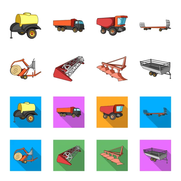 Plow, combine trilladora, remolque y otros dispositivos agrícolas. Maquinaria agrícola conjunto colección iconos en dibujos animados, vector de estilo plano símbolo stock ilustración web . — Vector de stock