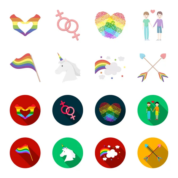Drapeau, symbole de licorne, flèches avec le cœur. icônes de collection ensemble gay dans la bande dessinée, style plat vectoriel symbole illustration web . — Image vectorielle