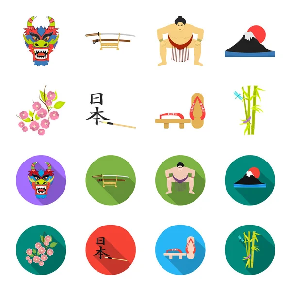 Geta, flores de sakura, bambú, jeroglífico.Japón conjunto de iconos de la colección en dibujos animados, vector de estilo plano símbolo stock illustration web . — Vector de stock