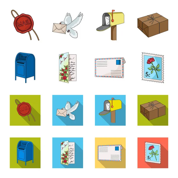 Buzón, tarjeta de felicitación, sello postal, sobre. Iconos de colección de conjunto de correo y cartero en dibujos animados, vector de estilo plano símbolo stock ilustración web . — Vector de stock