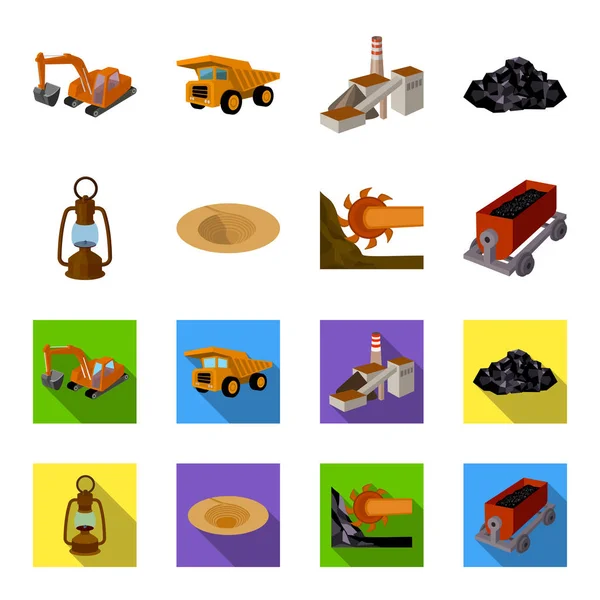 Ein Bergmann Lampe, ein Trichter, ein Bergbau Mähdrescher, ein Wagen mit ore.mining Industrie setzen Sammlung Symbole in Cartoon, flachen Stil Vektor Symbol Stock Illustration Web. — Stockvektor