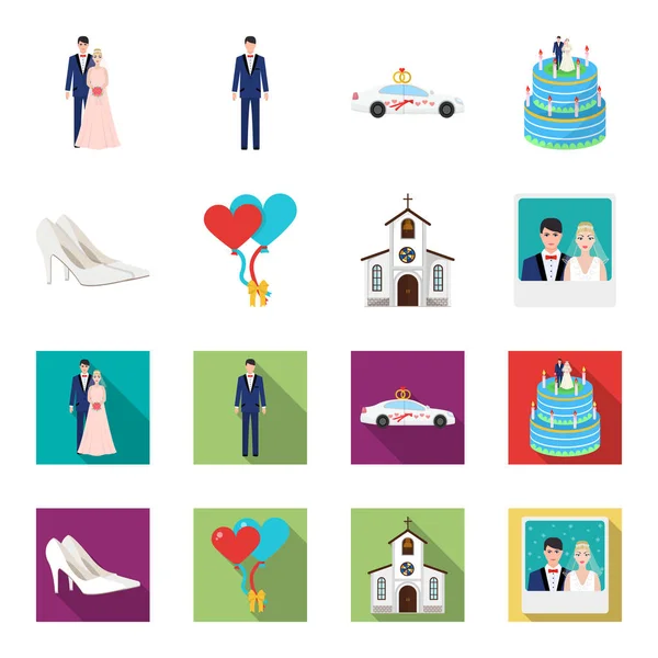 Wedding and Attributes cartoon,flat icons in set collection for design.Newlyweds and Accessories vector symbol stock web illustration. — Stock Vector