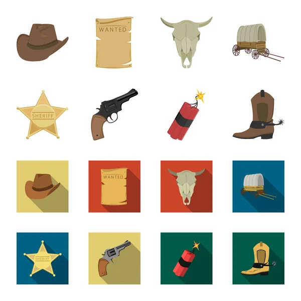 Csillagos sheriff, Colt, dinamit, cowboy boot. Wild West készlet ikonok gyűjtemény-rajzfilm, lapos stílusú vektor szimbólum stock illusztráció web. — Stock Vector