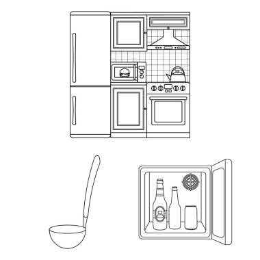 Mutfak ekipmanları anahat simgeleri set koleksiyonu tasarım için. Sembol stok web illüstrasyon vektör mutfak ve aksesuarları.