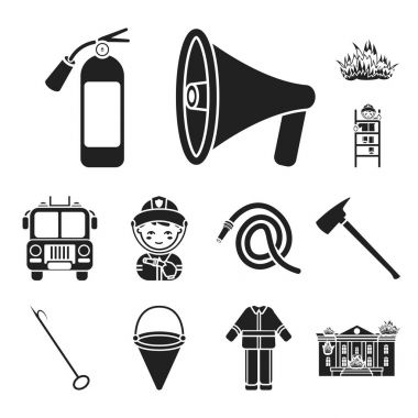 Set koleksiyonu tasarım için itfaiye siyah simgeler. İtfaiye eri ve ekipman sembol stok web illüstrasyon vektör.