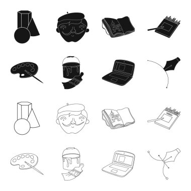 Bir fırça, boya fırçası, bir bilgisayar, bir araç, bir kalem ile bir kova ile bir palettir. Sanatçı ve çizim set simgeler siyah, anahat stili vektör simge stok çizim web içinde.