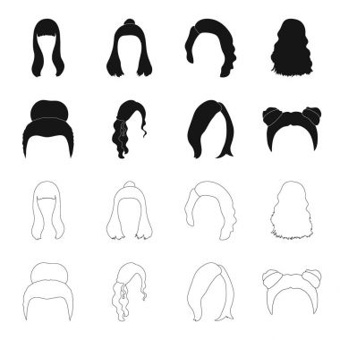 Sarışın bir grup, kırmızı dalgalı ve saç diğer türleri. Arka saç toplama simgeler siyah, anahat stili vektör simge stok çizim web içinde ayarla..