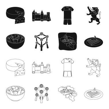 Harita, Brüksel lahanası ve diğer simgeler ülkenin topraklarında. Belçika toplama simgeler siyah, anahat stili vektör simge stok çizim web içinde ayarla..