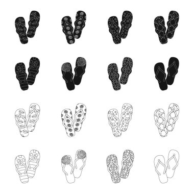 Parmak arası terlik siyah, set koleksiyonu tasarım için anahat simgeleri. Beach ayakkabı sembol stok web illüstrasyon vektör.