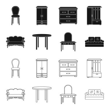 Kanepe, koltuk, Masa, ayna. Siyah, anahat stili vektör simge stok çizim web mobilya ve ev interiorset toplama simgeler.