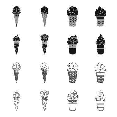 Bir gözleme koni ve diğer türler bir sopa dondurma. Dondurma toplama simgeler siyah, anahat stili vektör simge stok çizim web içinde ayarla..