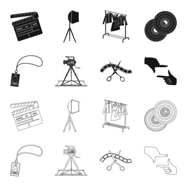 Rozet, operatör jest ve diğer aksesuarları film için. Toplama simgeler siyah, anahat stili vektör simge stok çizim web içinde ayarla filmini.