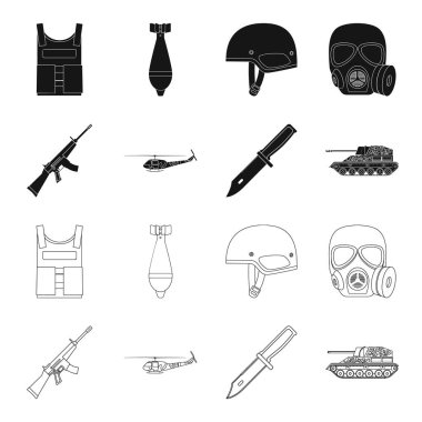 Saldırı tüfeği M16, helikopter, tank, savaş bıçak. Askeri ve ordu toplama simgeler siyah, anahat stili vektör simge stok çizim web ayarla.
