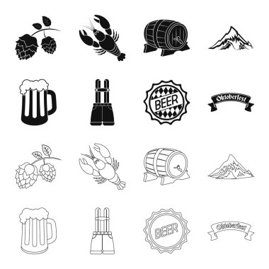 Şort pantolon askısı, bir bardak bira, bir işaret, bir amblem. Oktoberfest toplama simgeler siyah, anahat stili vektör simge stok çizim web içinde ayarla..