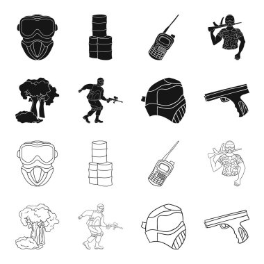 Maske, silah, boya, stok. Paintball toplama simgeler siyah, anahat stili vektör simge stok çizim web içinde ayarla..