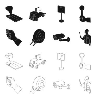 Araba alarmı, jant, güvenlik kamerası, Park asistanı. Buraya park edilmez toplama simgeler siyah, anahat stili vektör simge stok çizim web içinde ayarla..