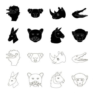 Kanguru, Lama, maymun, panter, gerçekçi hayvanları toplama simgeler siyah, anahat stili vektör simge stok çizim web içinde ayarla.