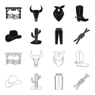 Şapka, kaktüs, kot, Kement düğüm. Rodeo toplama simgeler siyah, anahat stili vektör simge stok çizim web içinde ayarla..
