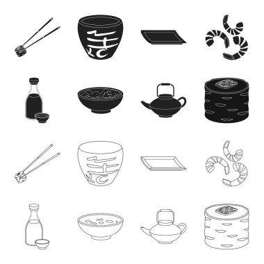 Soya sosu, erişte, kettle.rolls.Sushi ayarla koleksiyon simgeler siyah, anahat stili vektör simge stok çizim web içinde.