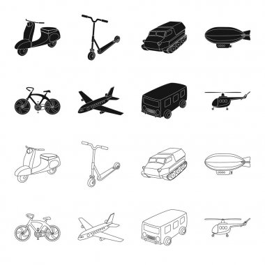 Bisiklet, uçak, otobüs, ulaşım türleri helikopter. Taşıma kümesini simgeler siyah, anahat stili vektör simge stok çizim web içinde.