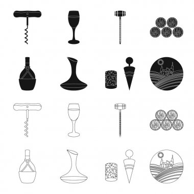 Bir şişe şarap bir sepet, bir gafine, bir tirbuşon mantar, üzüm bir vadi ile. Şarap üretimi toplama simgeler siyah, anahat stili vektör simge stok çizim web içinde ayarla..
