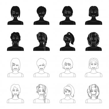 Kadın saç siyah, set koleksiyonu tasarım için anahat simgelerini türleri. Bir kadın vektör simge stok web illüstrasyon görünümünü.