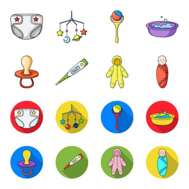 Emzik, elektronik termometre, Çocuk tulumları, çocuk bezi. Bebek set simgeler çizgi film, düz stil vektör simge stok çizim web tarihi..