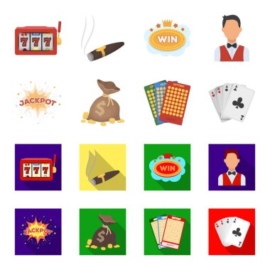 Jack ter, bir çanta para ile kazandı, kartları Bingo, iskambil oynamak için. Çizgi film, düz stil vektör simge stok çizim web Casino ve kumar küme koleksiyon simgeler.