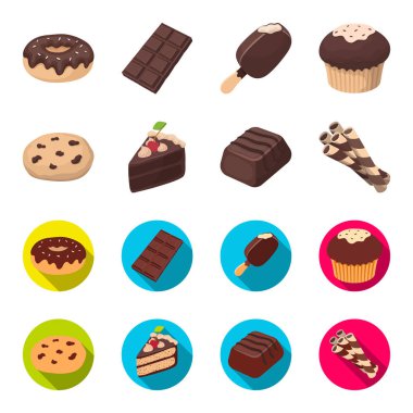 Amerikan kurabiye, kek, şeker, gofret tübül bir parçası. Çikolatalı tatlılar toplama simgeler çizgi film, düz stil vektör simge stok çizim web ayarla..