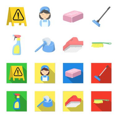 Temizlik ve hizmetçi çizgi film, düz simgeler toplama tasarımı için ayarlayın. Vektör simge stok web illüstrasyon Temizleme için donatım.