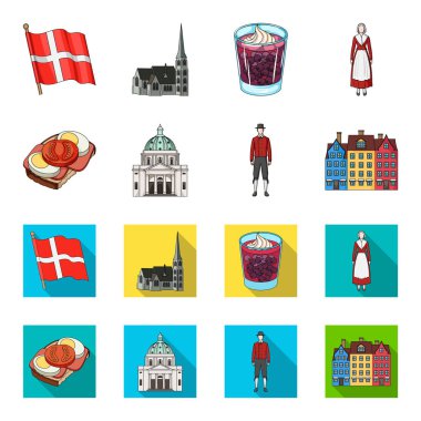 Danimarka, Tarih, Restoran ve diğer web simgesi karikatür, düz stil. Sandviç, yemek, ekmek, küme koleksiyon simgeler.