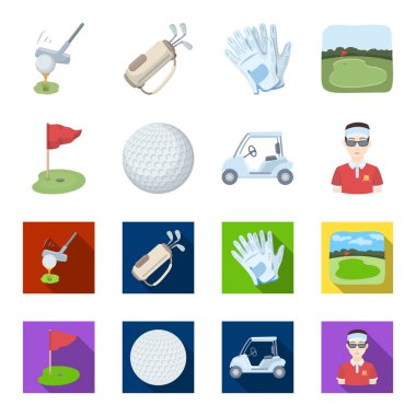 Alan bir delik ve bir bayrak, bir golf topu, bir golfçü, bir elektrikli golf arabası ile. Golf Kulübü çizgi film, düz stil vektör simge stok çizim web simgeler ayarla.