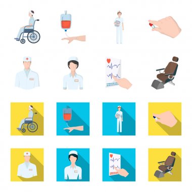 Uzman hekim, hemşire, kalp, diş sandalye kardiyogram. Medicineset toplama simgeler karikatür, düz stil vektör simge stok çizim web.