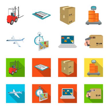 Nakliye uçakları, saat, bilgisayar muhasebe, denetim ve muhasebe malların teslim. Lojistik ve dağıtım toplama simgeler çizgi film, düz stil izometrik vektör simge stok illüstrasyon ayarla